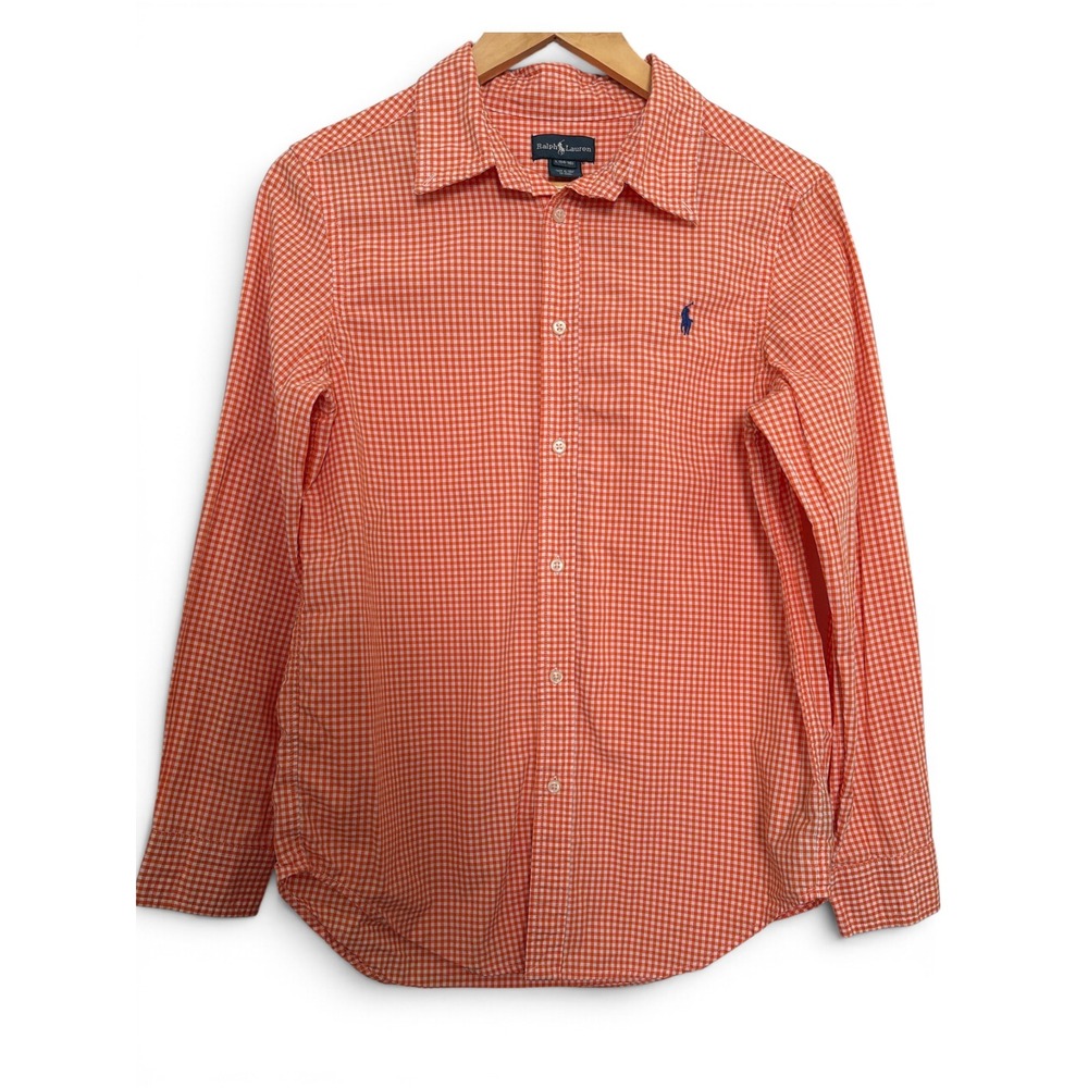 Polo Ralph Lauren Kids Orange Gingham Cotton Button Down Shirt L 14-16 Slim Fit